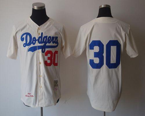 Mitchell And Ness 1962 Dodgers #30 Maury Wills Cream Stitched Throwback MLB Jersey - Click Image to Close
